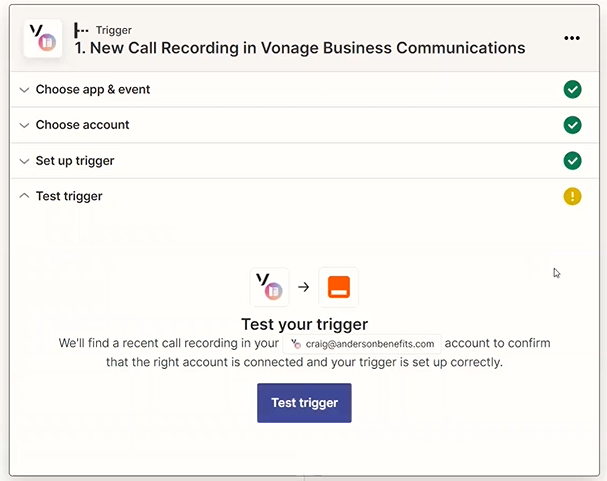 Screenshot showing the trigger test