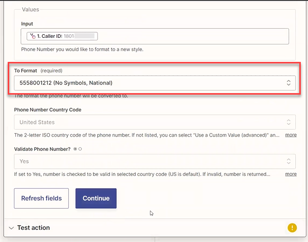Screenshot showing how you want to format phone numbers