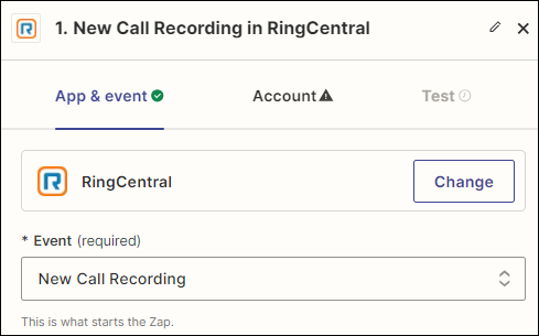 Screenshot showing the New Call Recording event in the Zap trigger