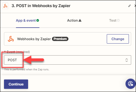 Screenshot showing the Webhook action's POST event