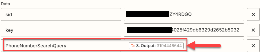 Screenshot showing the PhoneNumberSearch query parameter