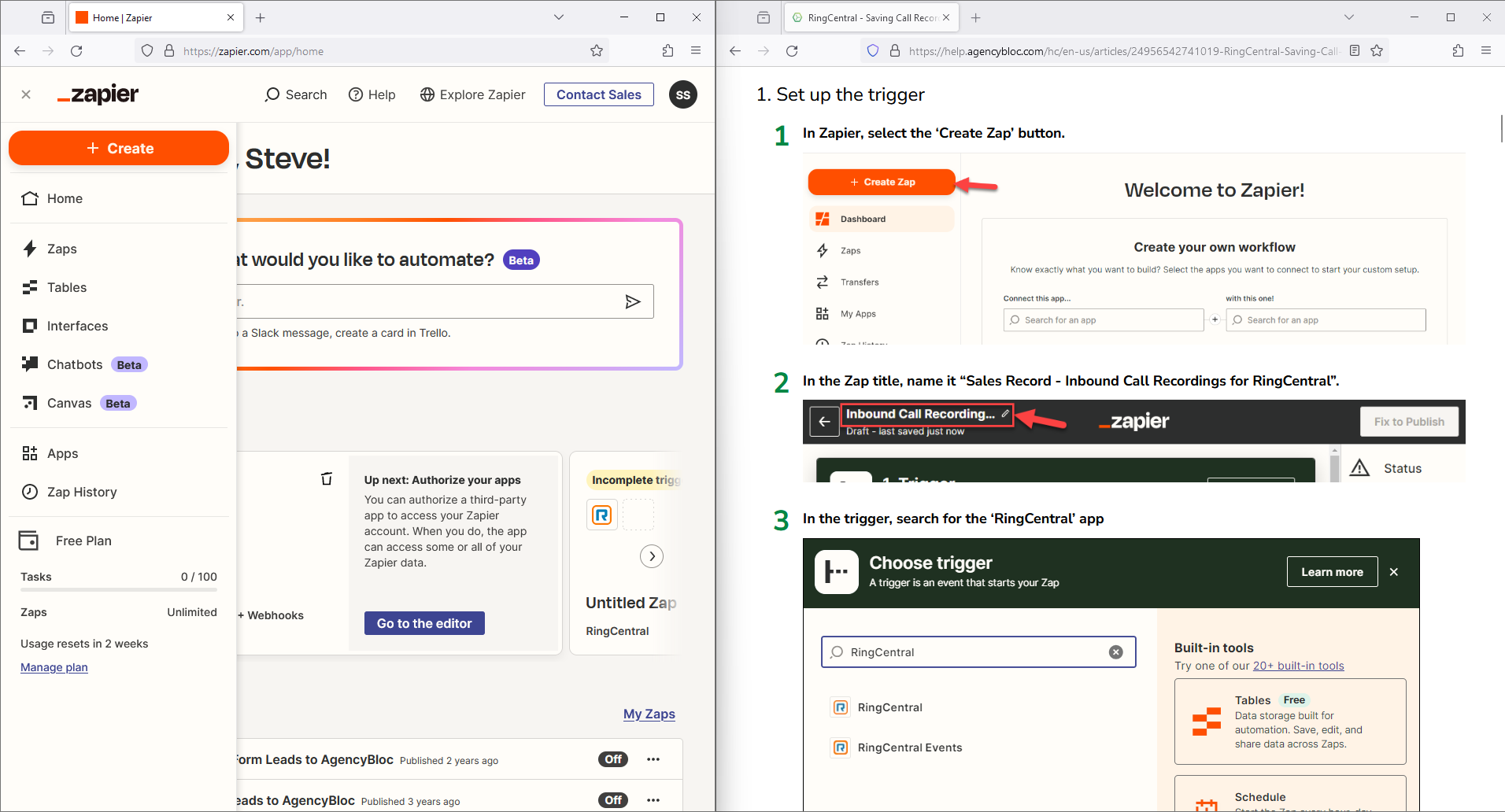 Image showing one window with Zapier and a second window with the help article instructions on the screen side-by-side