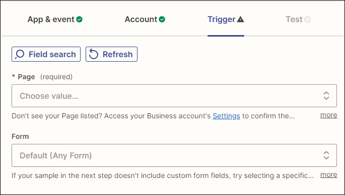 Screenshot showing the Page and Form fields in the Zap trigger's trigger setup