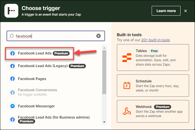 Screenshot showing the Facebook Lead Ads app in the Zap trigger menu