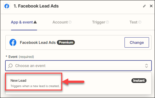 Screenshot showing the New Lead event in the Zap trigger's event setup