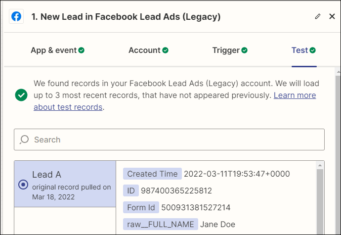 Screenshot showing a successful test output for Facebook Lead Ads trigger
