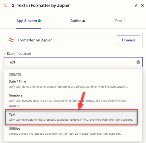 Screenshot showing the Text event option in the Zap action's event setup