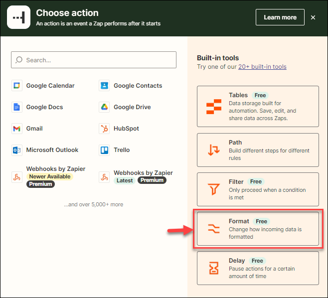 Screenshot showing the Formatter by Zapier app in the Action menu