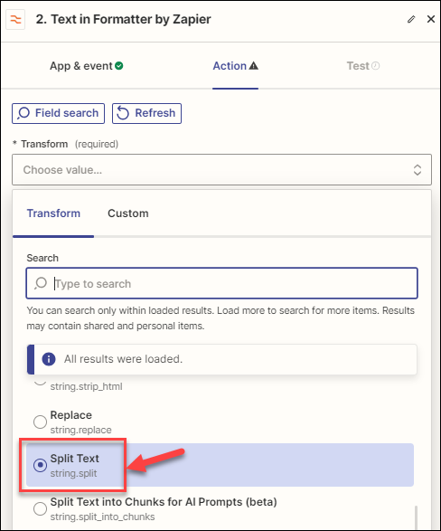 Screenshot showing the Split Text option in the Zap action's action setup