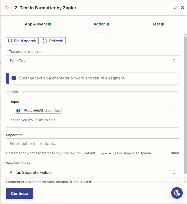 Screenshot showing additional values and paramters for the Zap action's action setup