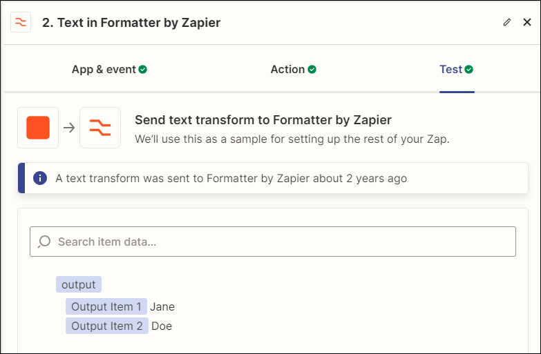 Screenshot showing a successful test output for the Formatter by Zapier action