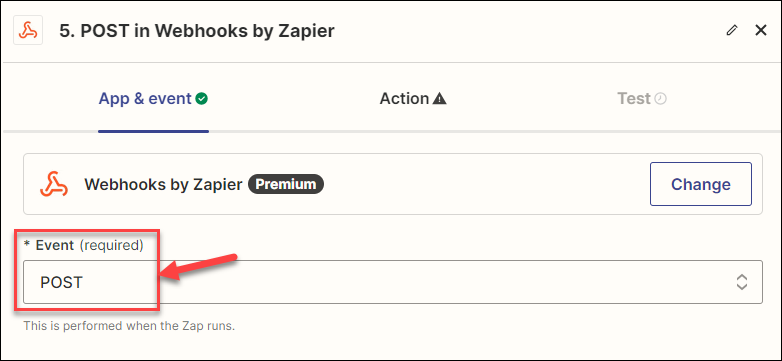 Screenshot showing the Post event in the Zap action's event setup
