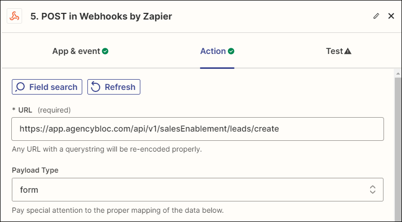 Screenshot showing the API URL and Payload Type fields in the Zap action's action setup