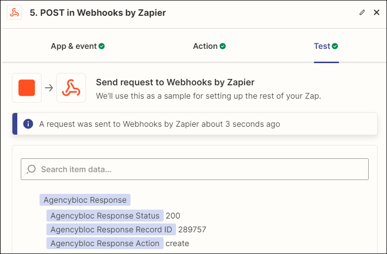 Screenshot showing a successful test output for the Webhooks by Zapier action