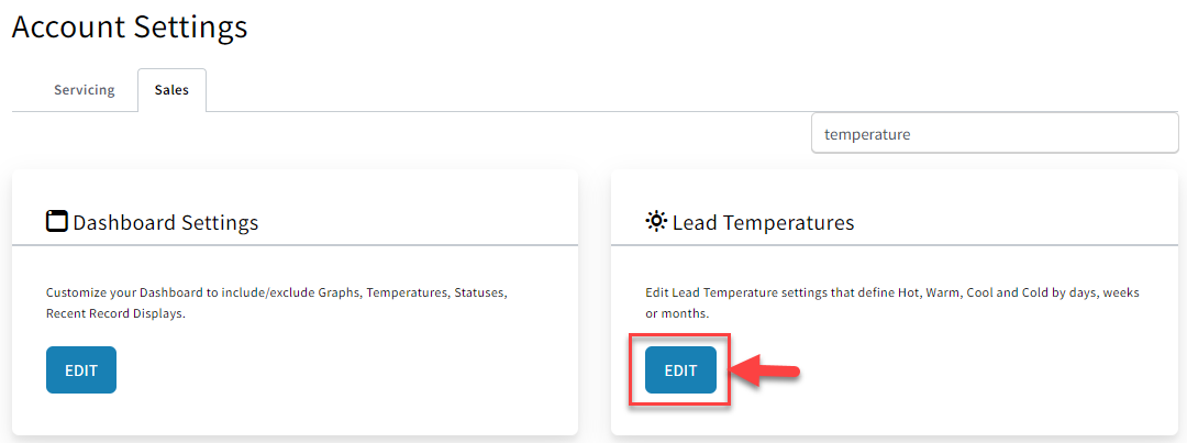 Screenshot showing how to navigate to Lead Temperature settings
