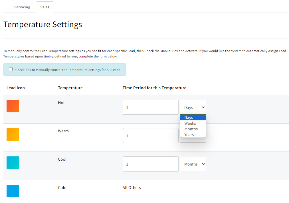 Screenshot showing the time periods for each temperature