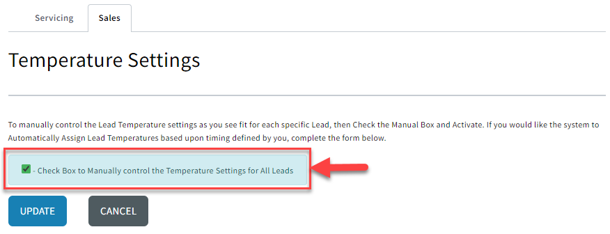 Screenshot showing a checkbox in Lead Temperature settings that, if checked, allows users to manually set the Lead Temperature on Sales Records