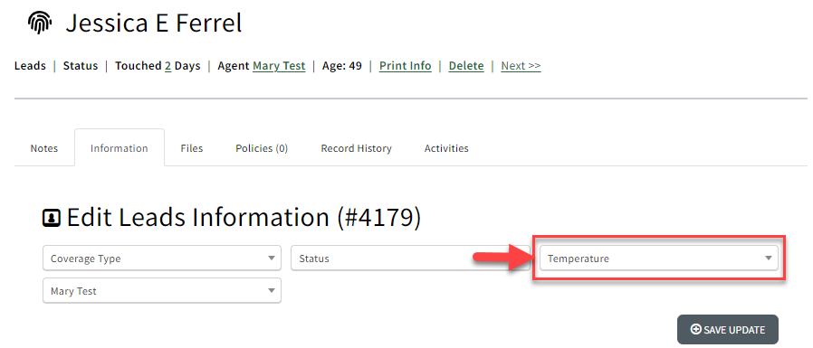 Screenshot showing the Temperature field on a Sales Record