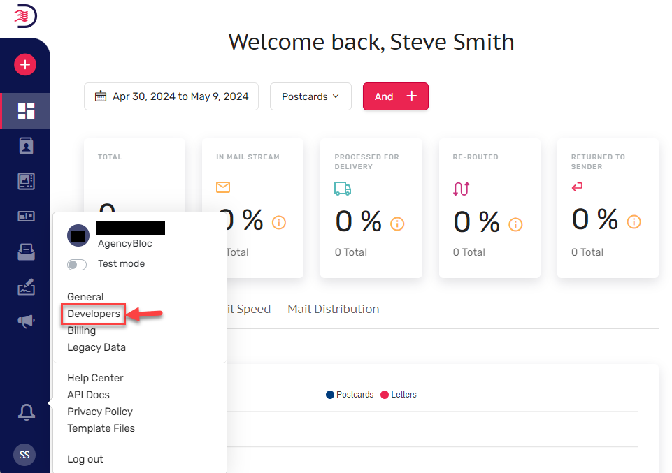 Screenshot showing the Direct Mail Manager website and how to get to the Developers page