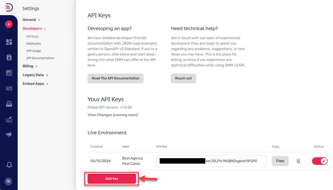 Screenshot showing how to access the API key settings on the Direct Mail Manager website