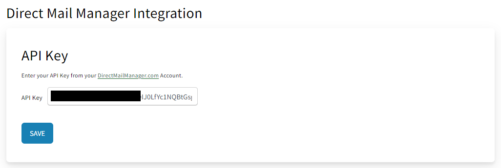 Screenshot showing where to enter the Direct Mail Manager API key in AMS+