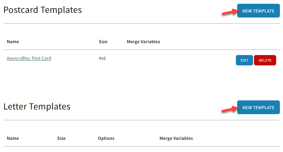 Screenshot showing where to create a new postcard or letter template in the Direct Mail Manager integration settings