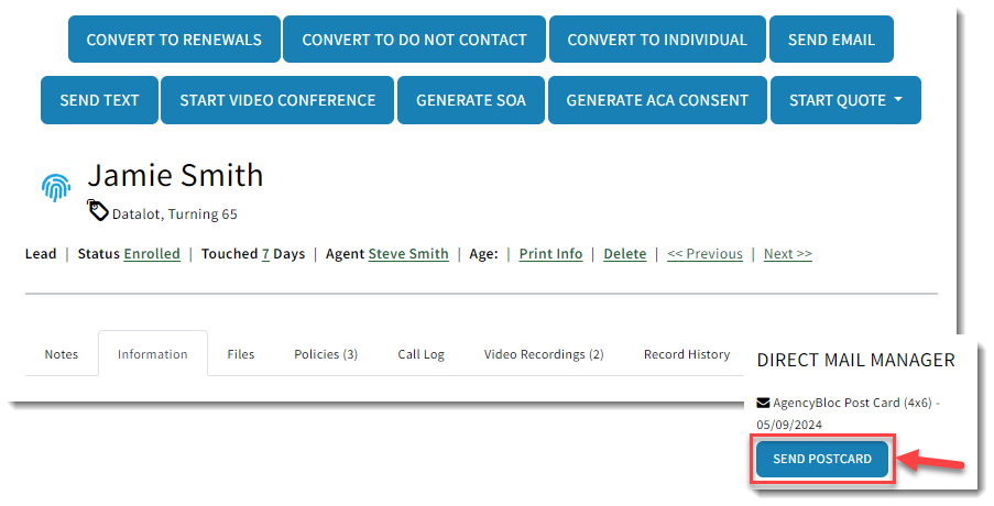 Screenshot showing how to send mail from a Sales Record in AMS+