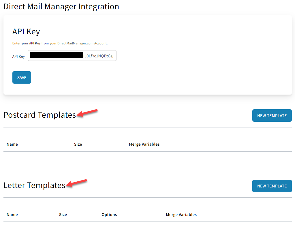 Screenshot showing the postcard templates and letter templates sections on the Direct Mail Manager integration page in AMS+