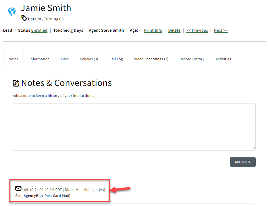 Screenshot showing where details about sent mail are stored on a Sales Record in AMS+