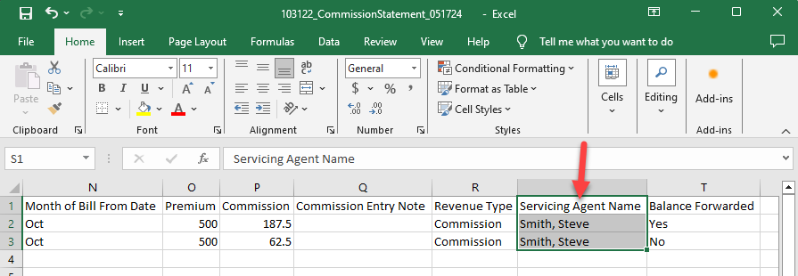 Screenshot showing the Servicing Agent column in a downloaded statement CSV file