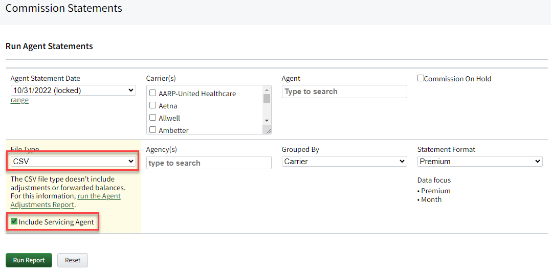 Screenshot showing the option to include Servicing Agent column on the Agent Statements report page