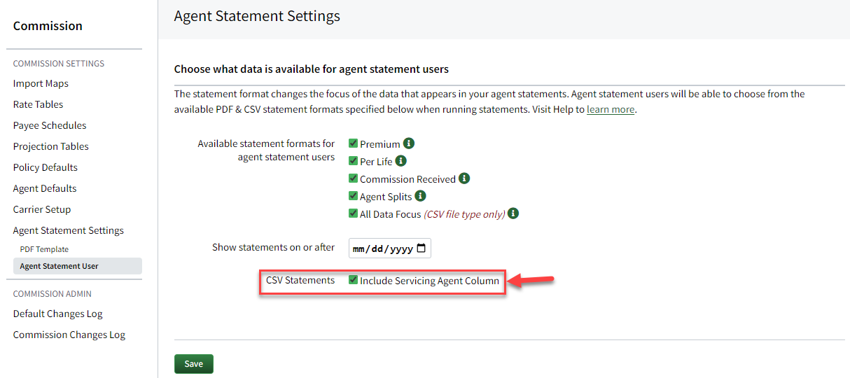 Screenshot showing the setting for including Servicing Agent column in CSV statements in the Agent Statement User settings