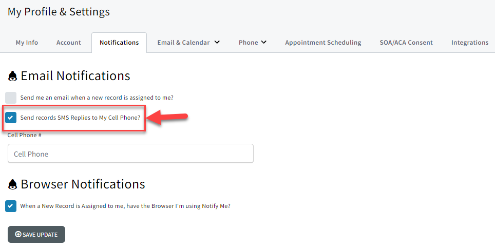 Screenshot showing the notification setting for sending a record's SMS replies to your cell phone