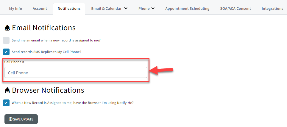 Screenshot showing a field for entering the cell phone number that you wish to receive forwarded SMS replies
