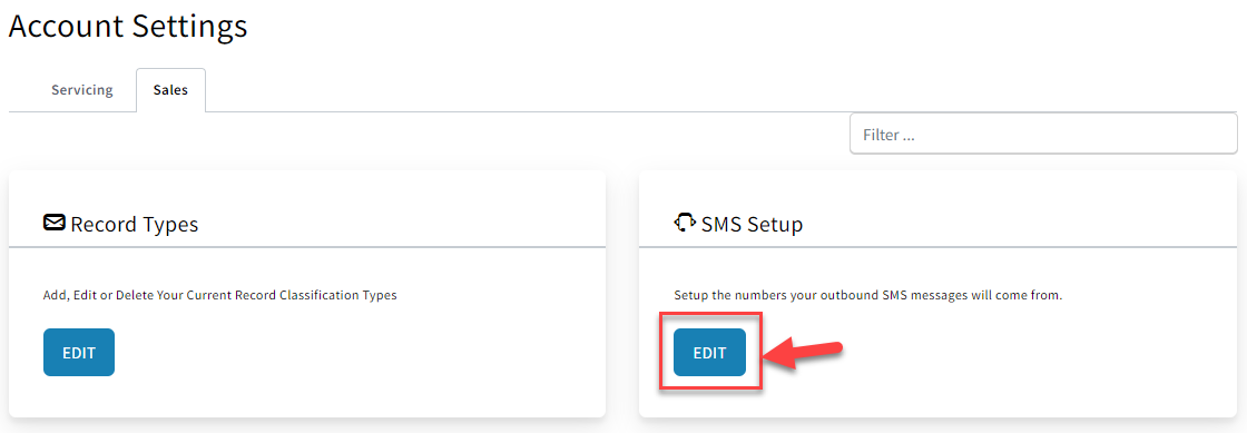 Screenshot showing the SMS Setup setting if on the Growth Package