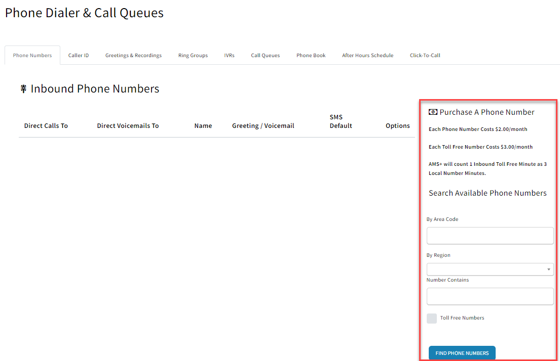 Screenshot showing the Phone Numbers tab in Call Queues and Phone Numbers if on the Scale Package