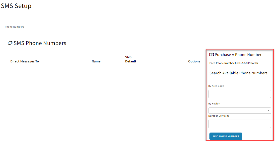 Screenshot showing the Phone Numbers tab in SMS Setup if on the Growth Package