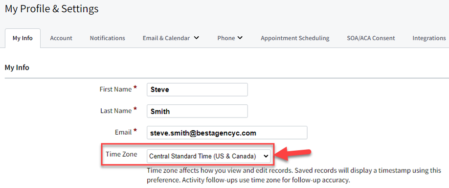 Screenshot showing how to change time zones in user account settings