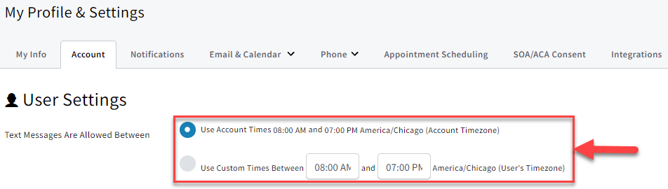 Screenshot showing how to set the times allowable to sen text messages to Leads