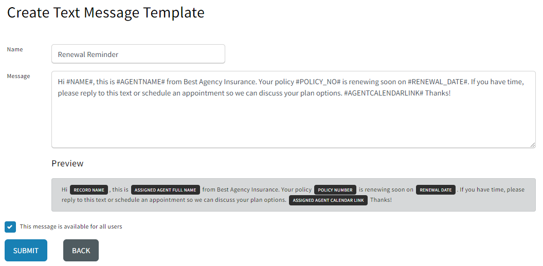 Screenshot showing the text template details