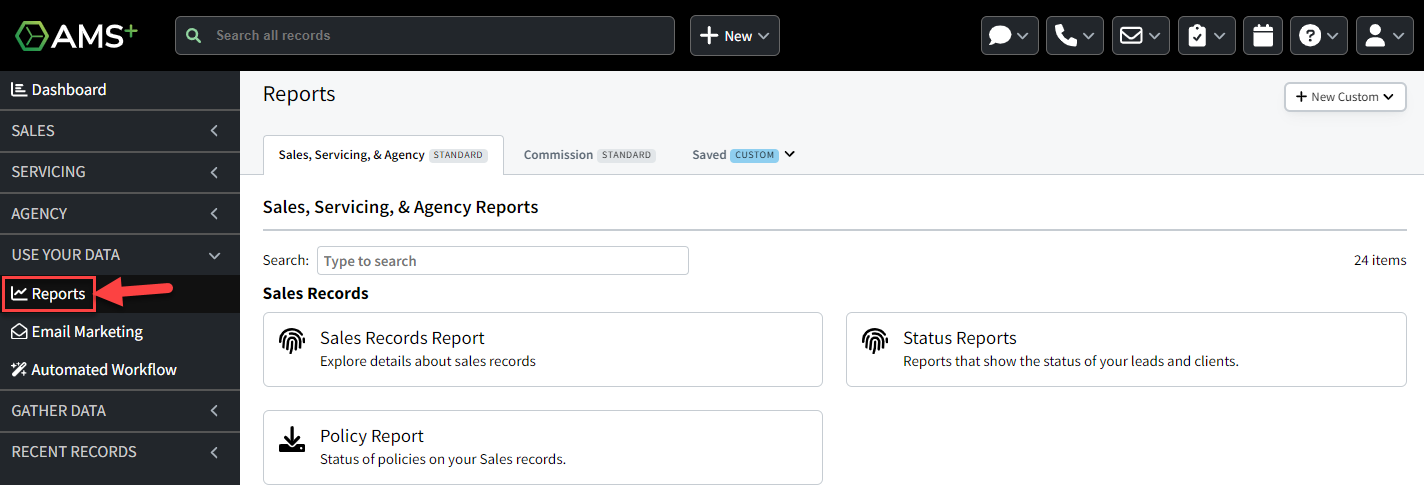 Screenshot showing the Reports page