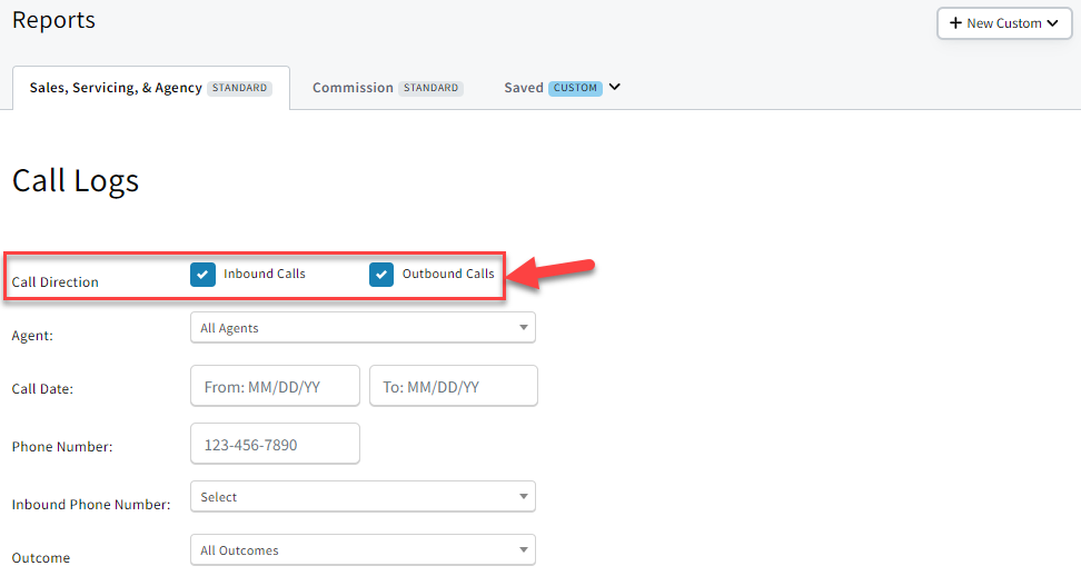 Screenshot highlighting the Call Direction filters on the Call Logs report page