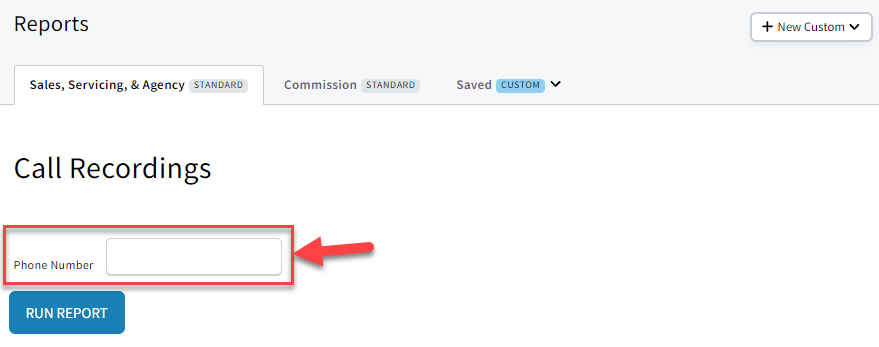 Screenshot highlighting the Phone Number filter on the Call Recordings report page