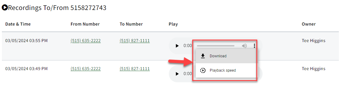 Screenshot highlighting a recording's download and playback speed actions in the Call Recordings report output