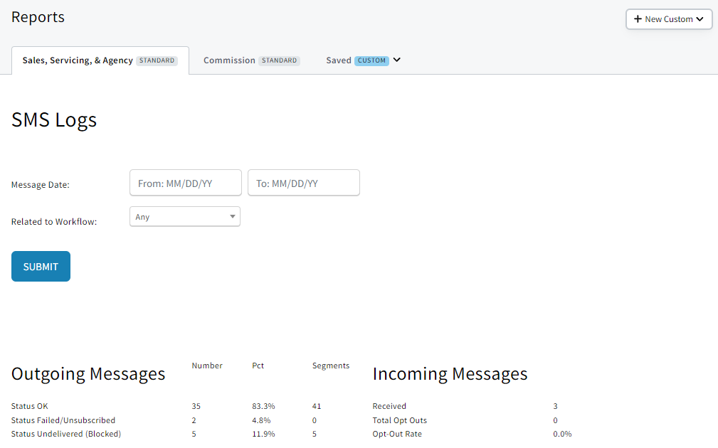 Screenshot showing the report results for the SMS Delivery report