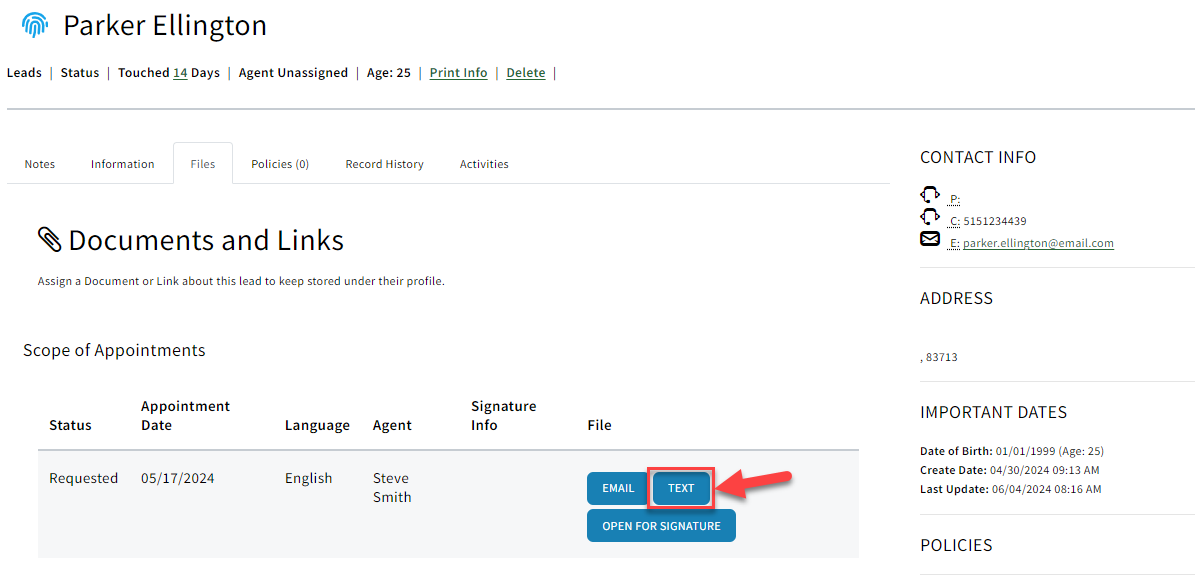 Screenshot highlighting the Text button in the SOA section of a Sales Record's Files tab