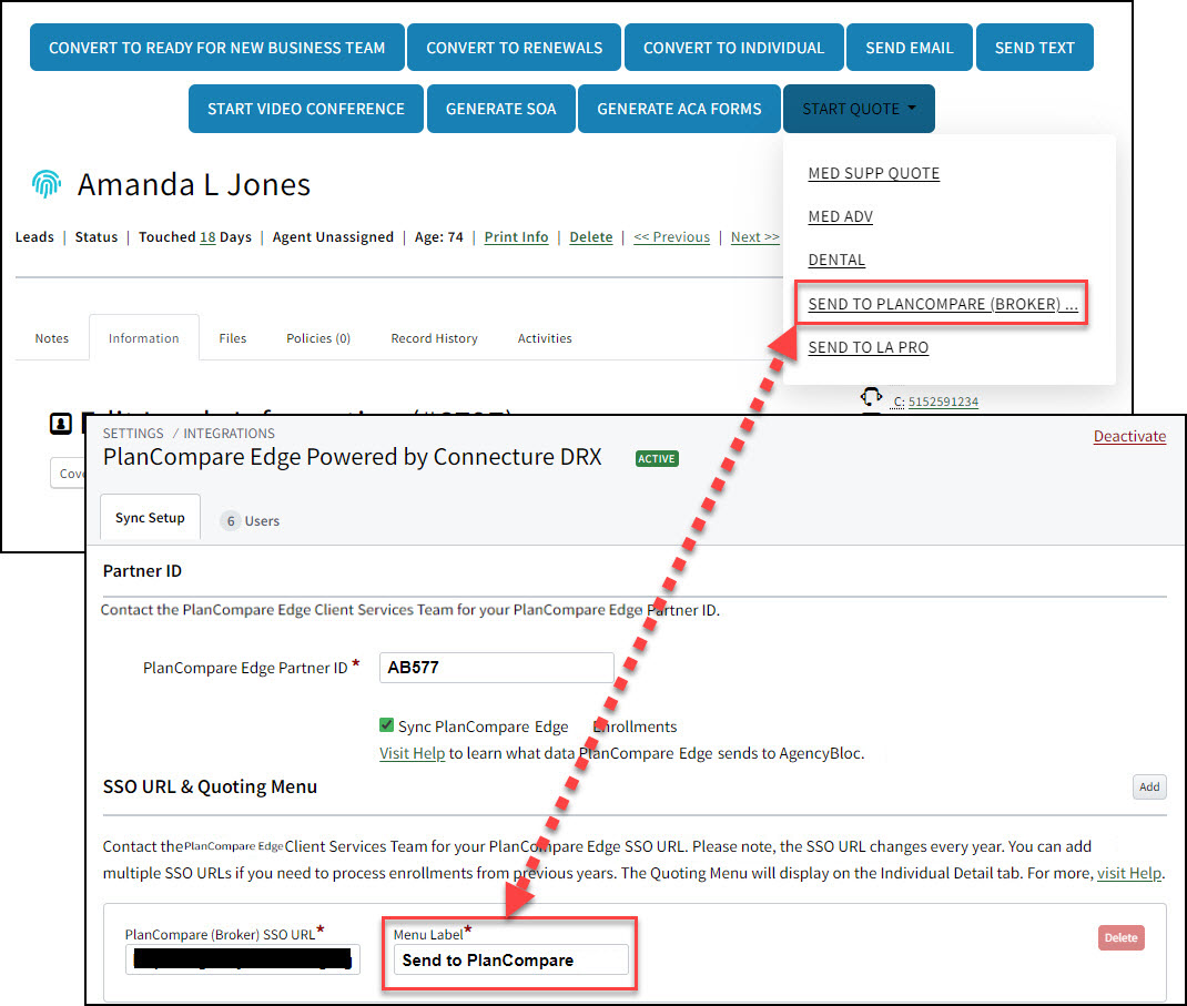 Image showing how to send a Sales Record to PlanCompare Edge