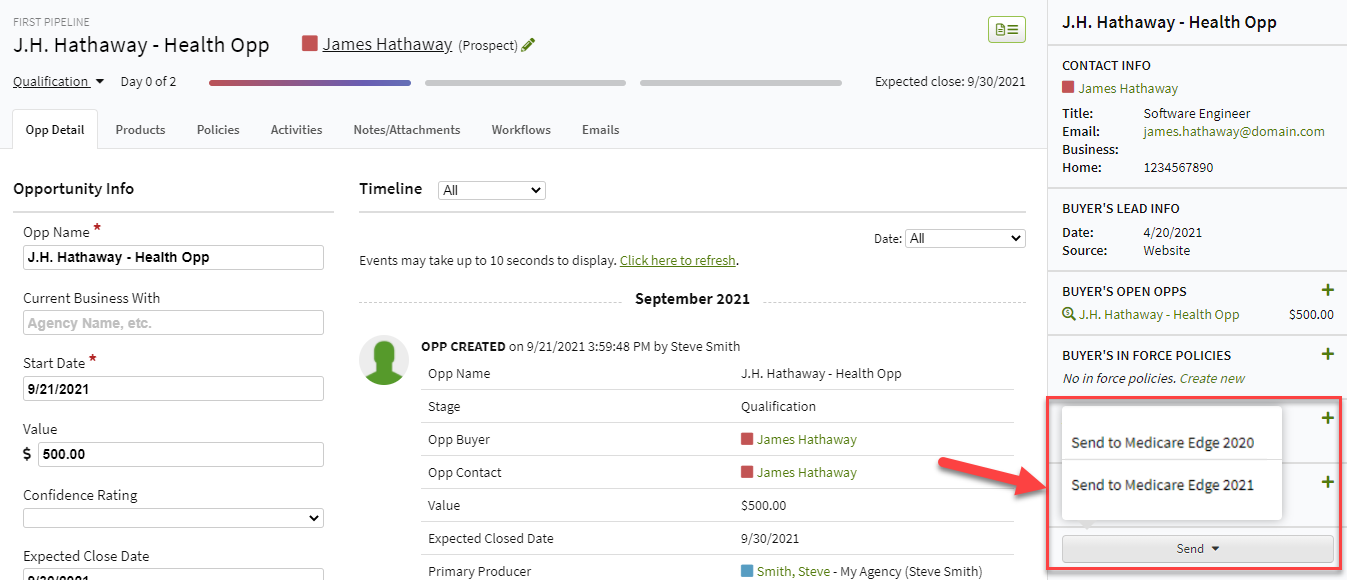 Screenshot showing how to start a quote from a Sales Opportunity