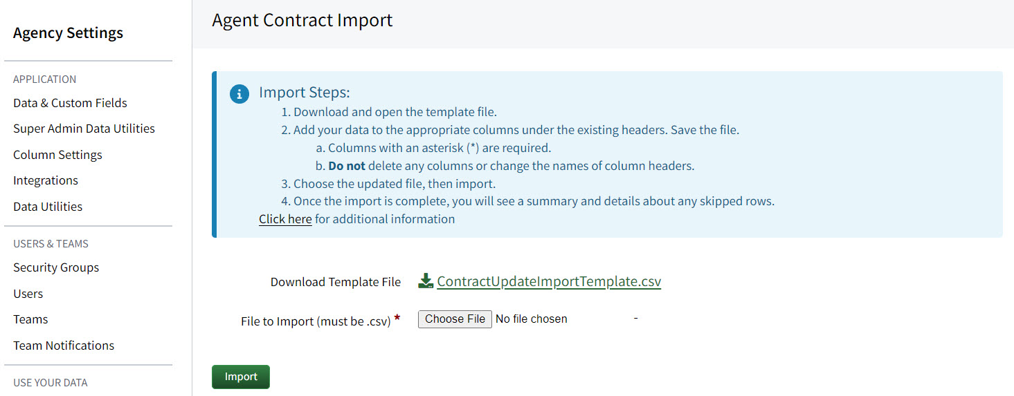 Screenshot showing the Agent Contract Import page