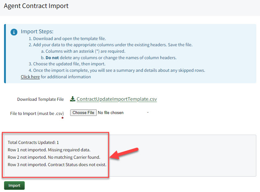 Screenshot showing an example import summary